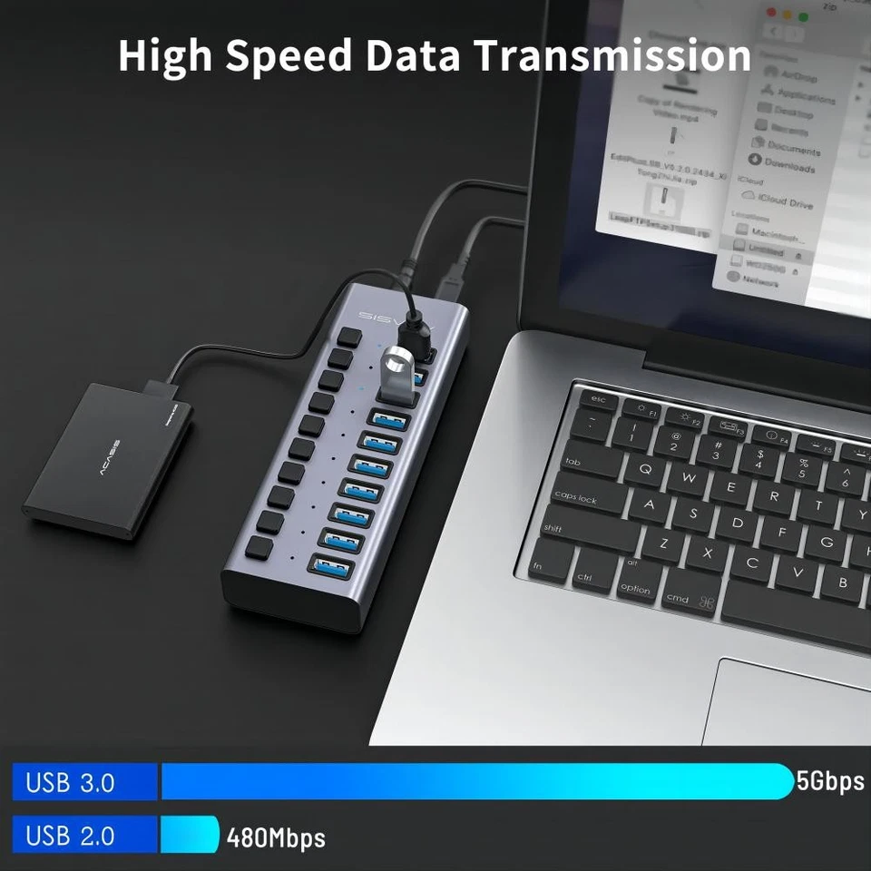 Hub USB 3.0 a 10 porte Acasis con singoli switch on/off e adattatore di alimentazione - Immagine 2 di 4