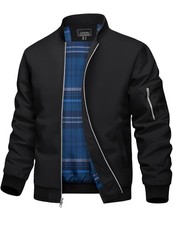 Mens Lightweight Bomber Jacket Water-Resistant Plaid Lined Fall Zip Pockets