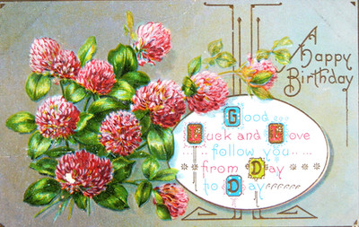 1911 HAPPY BIRTHDAY EMBOSSED RED CLOVER BLOSSOM FLOWER MOTIF POSTED POSTCARD DB