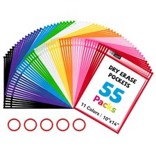 55 Pack Dry Erase Pockets, 10x14, 11 Assorted Colors, 5 Rings, Reusable Sleeve