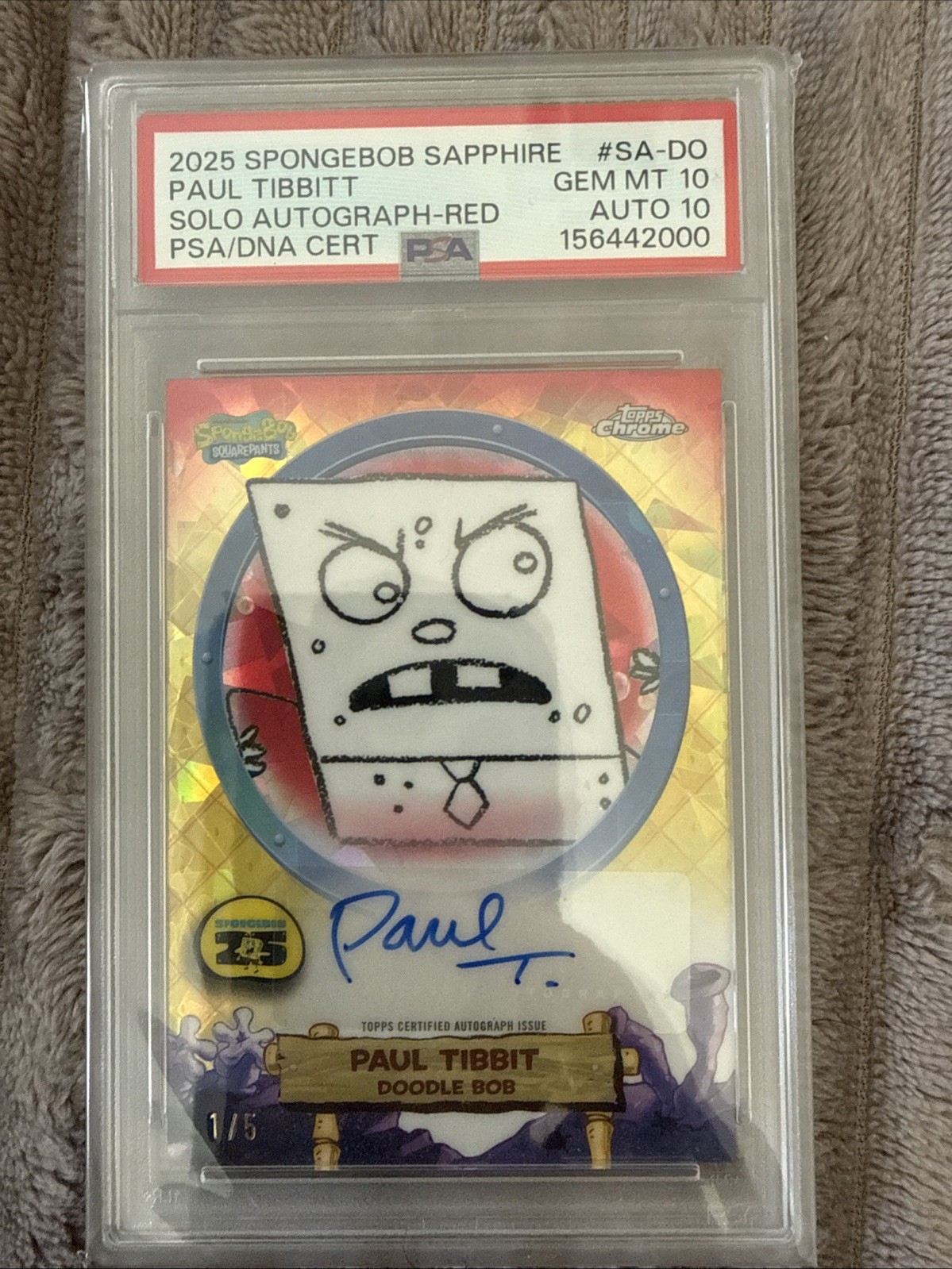 2025 TOPPS CHROME SPONGEBOB SAPPHIRE AUTOGRAPHS PAUL TIBBITT/DOODLEBOB RED 1/5!