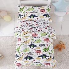4 Piece Toddler Bedding Set, Dinosaur Theme Printed on White, White-dinosaur