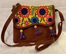 Mexican Embroidered Crossbody Purse Bright Multicolor Floral Tassels Leather