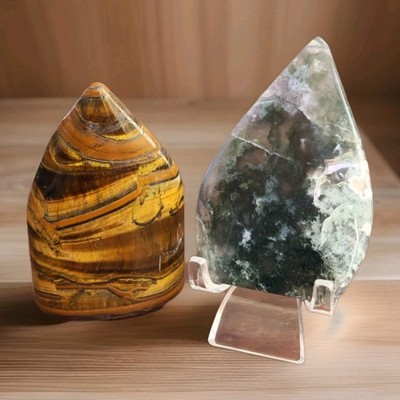 Lot Of 2 Iron Tiger Eye & Moss Agate w Stand Teardrop Ornament Flames - USA