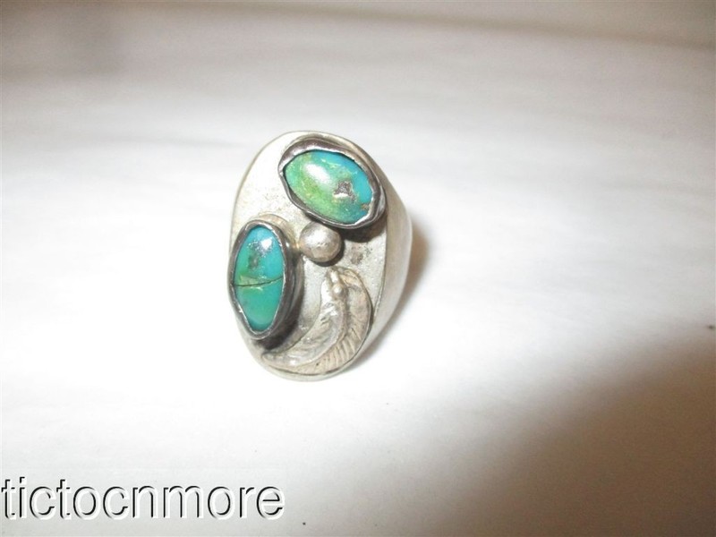 VINTAGE NAVAJO INDIAN SQUASH LEAF & BERRY GREEN TURQUOISE RING MENS STERLING
