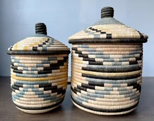 (2) Handmade African Woven Baskets w/Lid - 11” and 9”