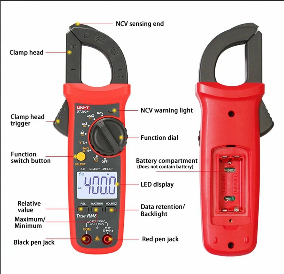 UNI-T TRMS Digital Clamp Meter NCV Multimeter 600V 400A Temp OHM Cap Test UT202+ - image 4 of 4