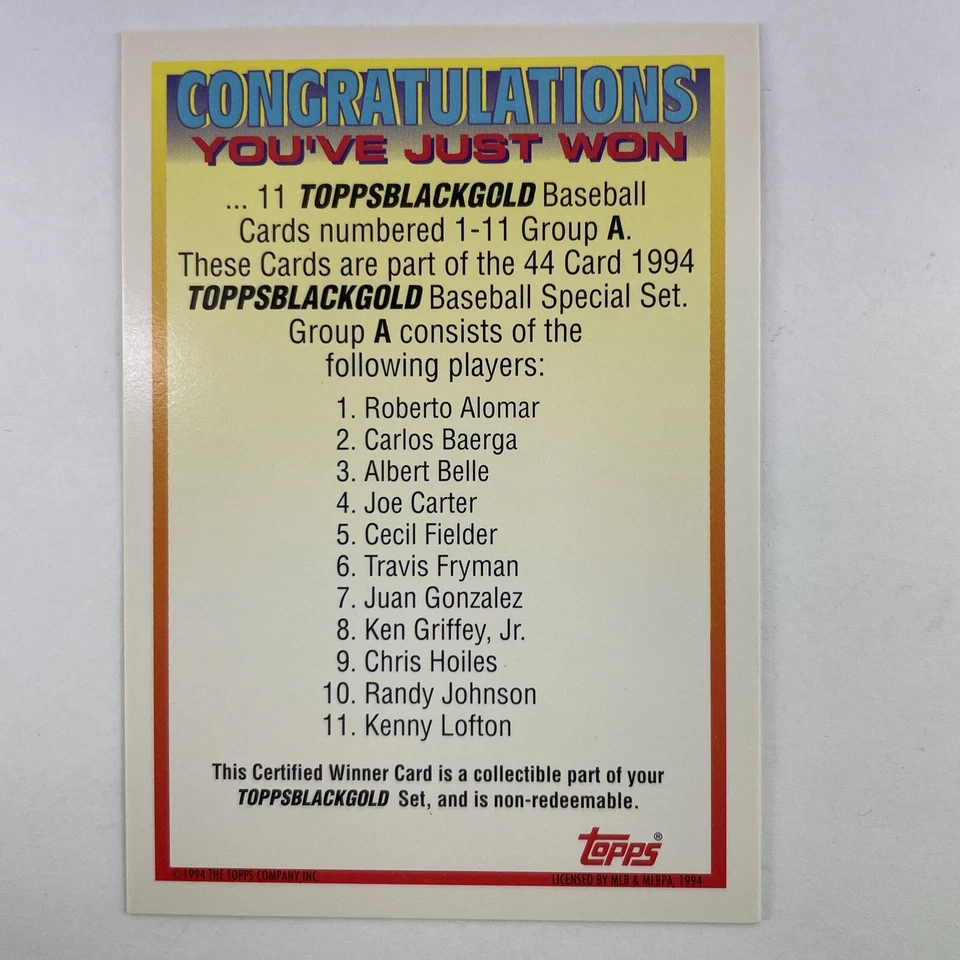 1994 Topps Black Gold Winner Grupo A Certificado Ken Griffey Jr. Randy Johnson - Imagem 2 de 4