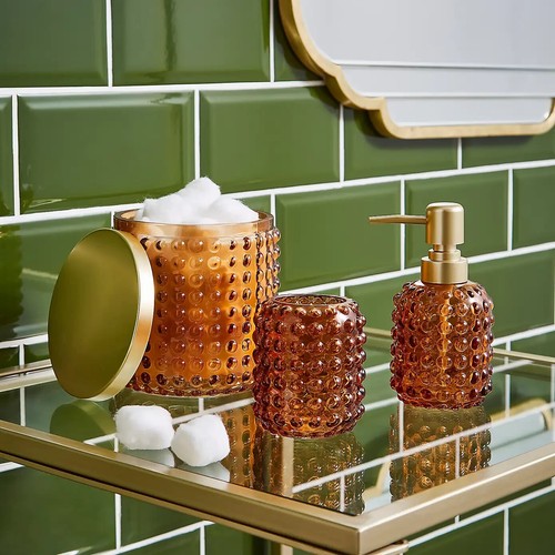 New Charming Bubble Glass Amber Storage Jar- gold Lid Store Bathroom Goods 13 cm - Picture 2 of 3