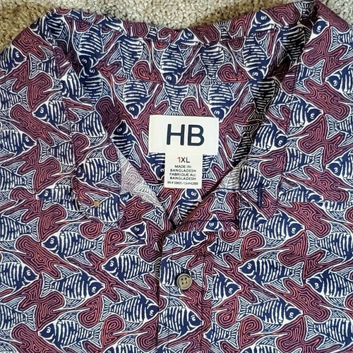 HB Harbor Bay Shirt 1X All Over Fish Print Hawaiian Short Sleeve Button Up - Picture 2 of 8