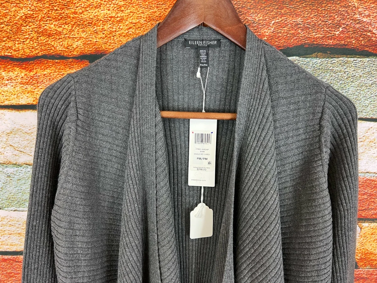 298 NWT EILEEN FISHER BARK GRAY RIBBED WOOL ANGLE FRONT CARDIGAN