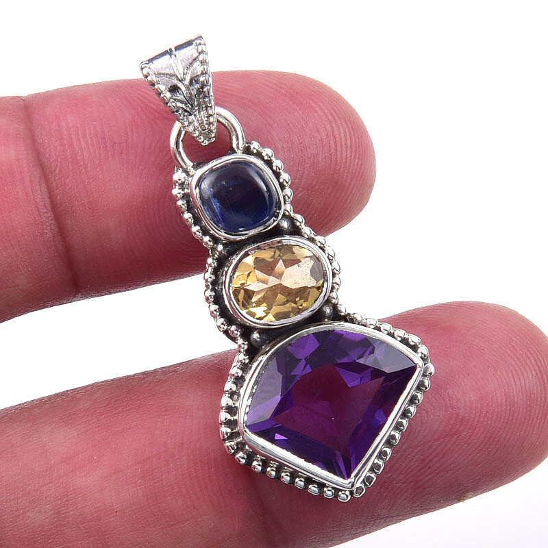 Natural African Amethyst and Citrine 925 Sterling Silver Pendant 1.50 Inches