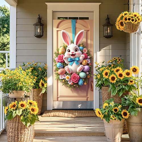 2025 Easter Door Cover Easter Colorful Eggs Rabbit Flower Door Backdrop Decor - Picture 13 of 43