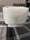 Vintage White Milk Glass Square Bottom Pedestal Footed 4.5x4 Grapevine Bowl EUC