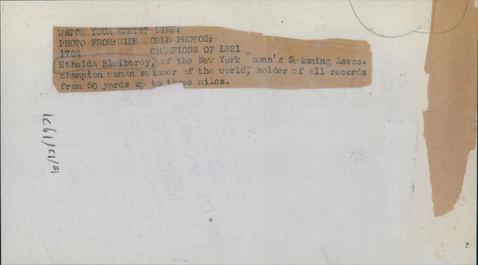 1921 Press Photo US Swimmer Ethelda Bleibtrey, World Champ and Record Holder - 画像2/2