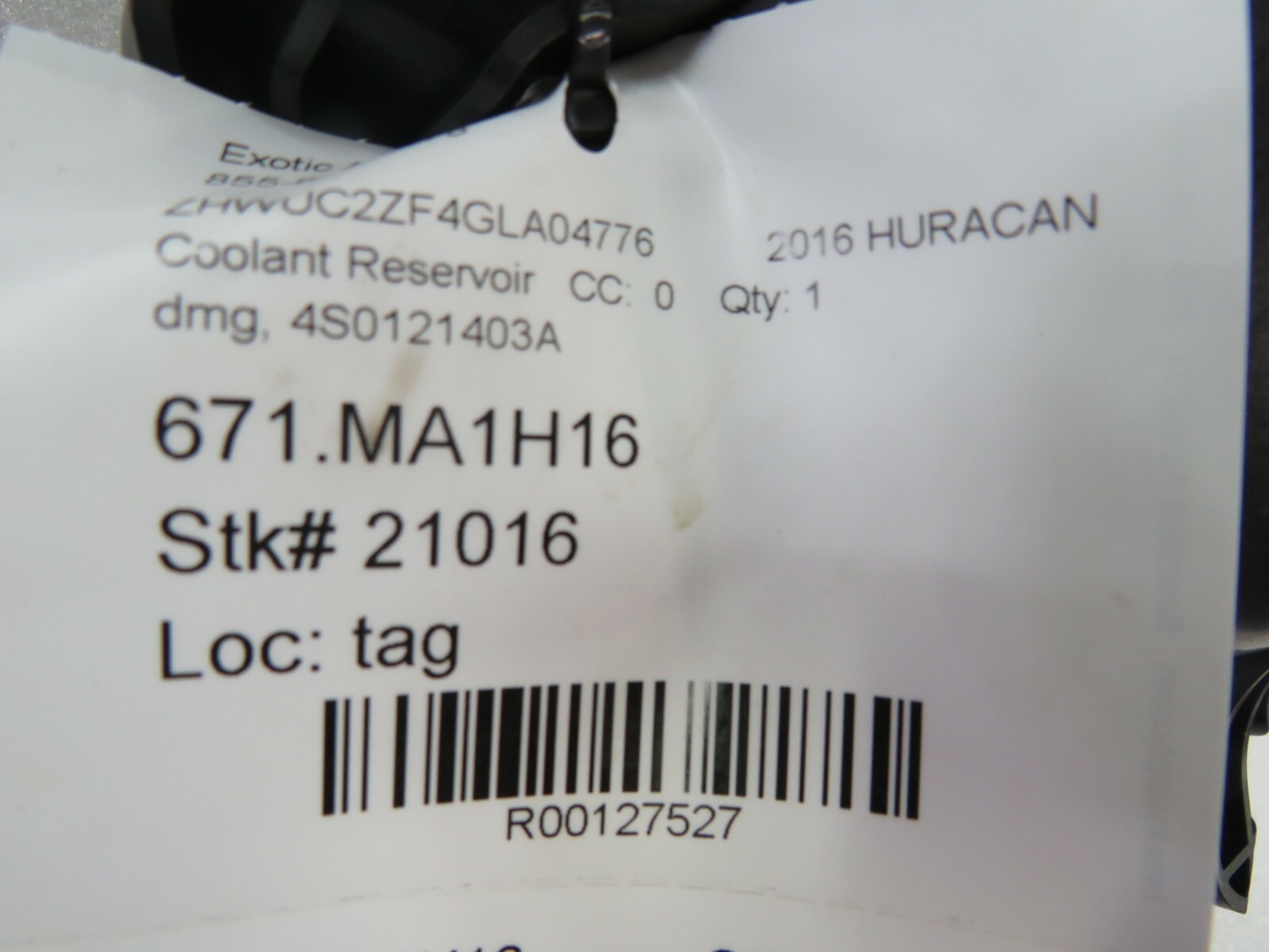 Lamborghini Huracan, LP610, Coolant Reservoir, Used, Dmg, P/N 4S0121403A
