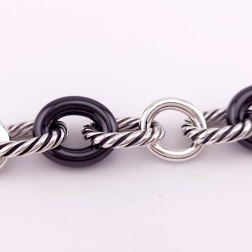 David Yurman 12mm Sterling Silver Oval Cable & Black Ceramic Links 7.5" Bracelet - Picture 12 of 15