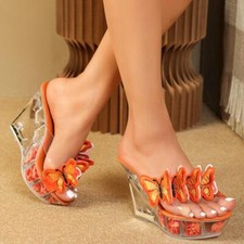 Women's Clear Mules Slides Platform Butterfly High Wedge Heels Sandals Slippers