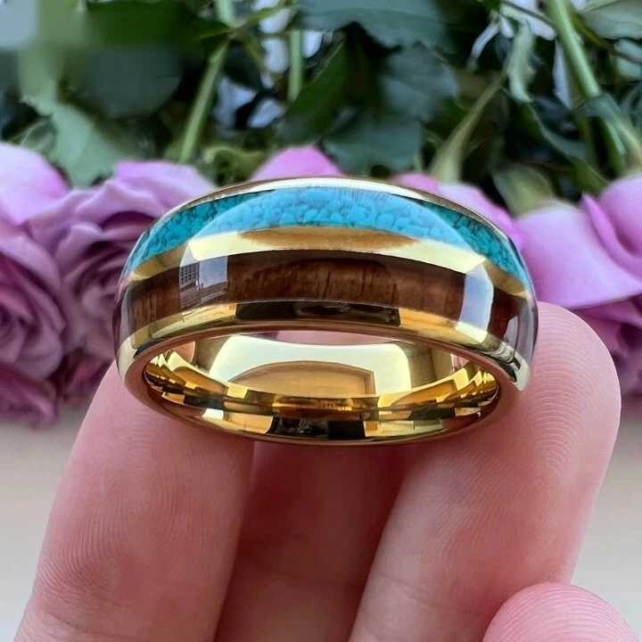 Anillo de carburo de tungsteno de 8 mm para hombres y mujeres turquesa aplastada y anillo de incrustación de madera de koa Foto 2 de 4