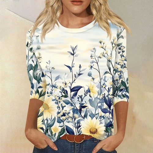 Ladies Print Summer Casual Women's Round Neck 3/4 Sleeve Tops Blouse T Shirt 8 - Picture 31 of 33