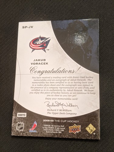 2008-09 UD THE CUP JAKUB VORACEK SP-JV #ed 25/75 ROOKIE RC AUTO PATCH 3 COL - Picture 2 of 2
