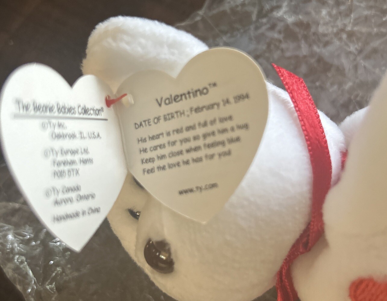 RARE NEW Ty Valentino Bear Beanie Baby 1993/1994 with Brown Nose and tag errors! thumbnail 6