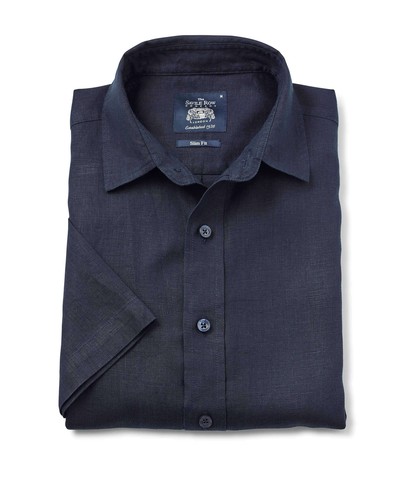 Savile Row Company Men's Slim Fit Short Length Navy Pure Linen Casual Shirt - Picture 2 of 7
