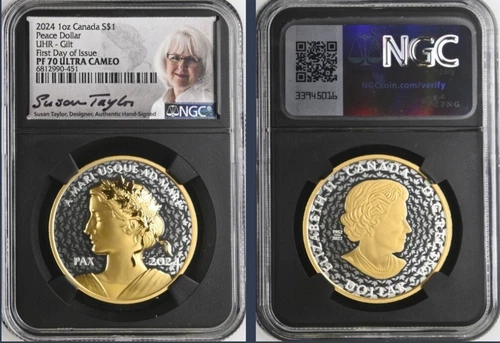 2024 $1 Canada 1 oz Proof Silver Peace Dollar Gold Gilt UHR NGC PF70 FDI Taylor