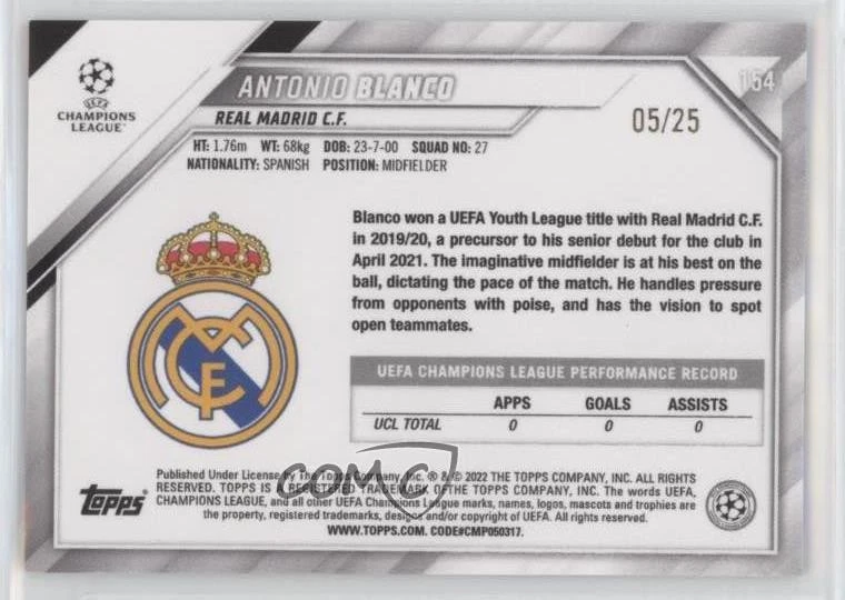 2021 Chrome UCL Sapphire Edition Purple Refractor /25 Antonio Blanco Rookie RC - Image 2 of 2