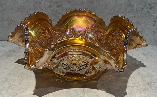 Vintage Marigold Carnival Glass Imperial Hobstar & Arches 12” Centerpiece Bowl