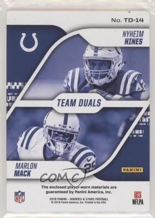 2018 Panini Rookies & Stars Team Duals Relics /99 Marlon Mack Nyheim Hines RC - Image 2 of 2