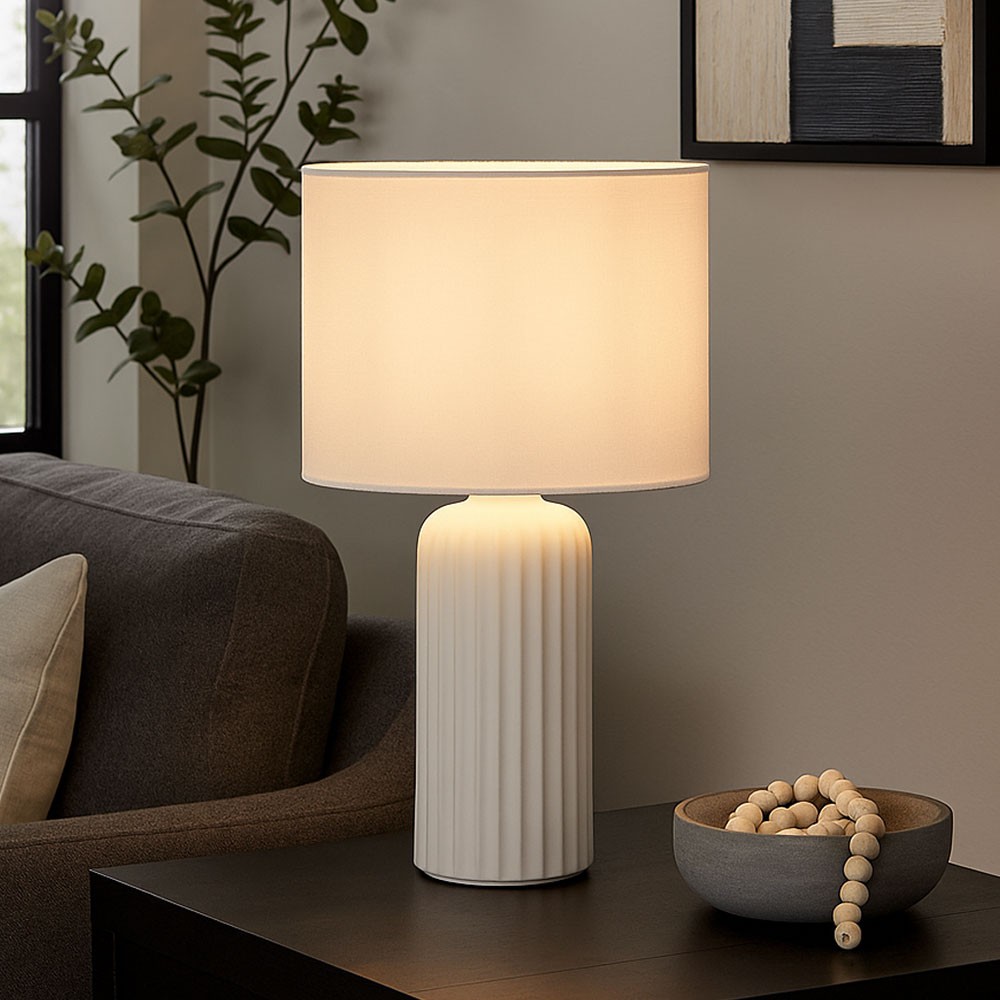 Tischleuchte Tischlampe Wohnzimmerlampe Keramik Stoff Beistellleuchte E27 weiß