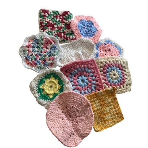 Vintage Handmade Crochet Granny Square Lot & Doily Set Multi Color