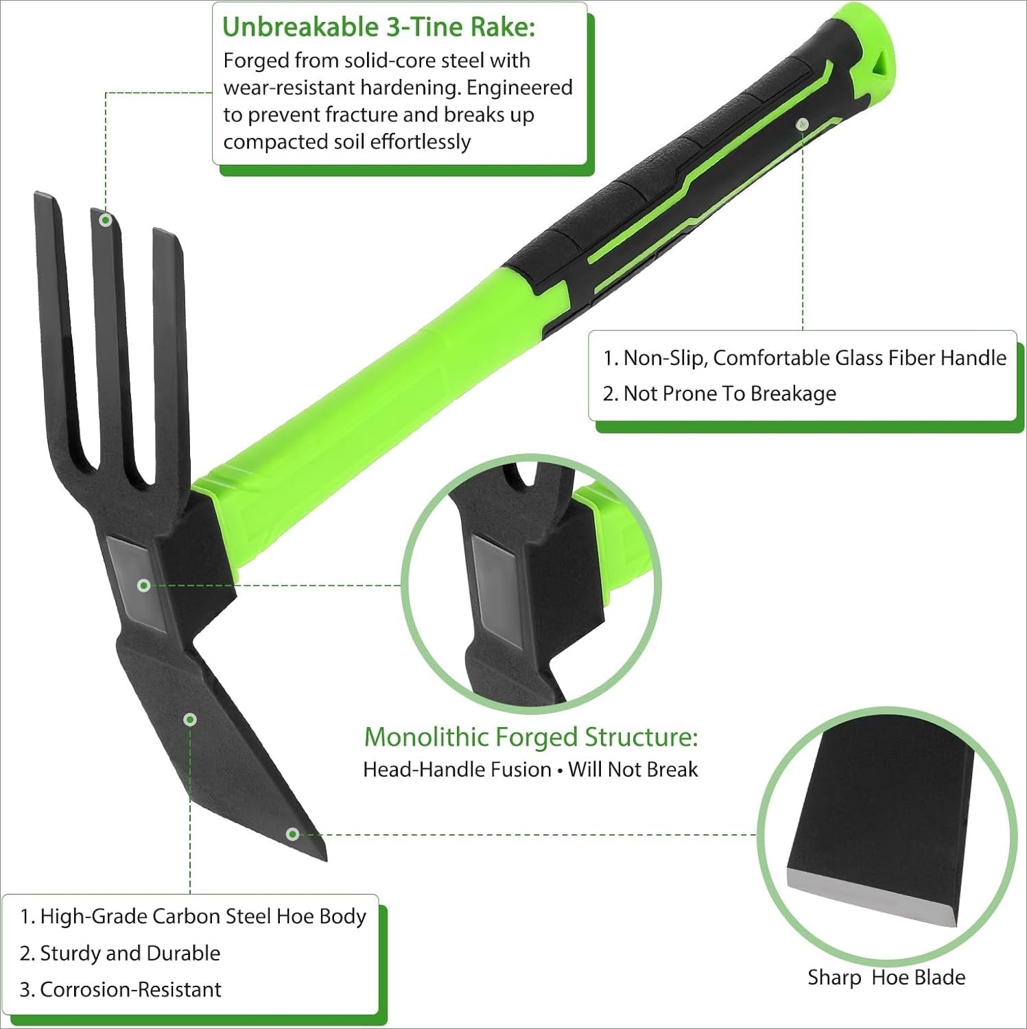 2pcs Pick Axes for Digging and Garden Hoe and Cultivator Hand Rake Garden Tool