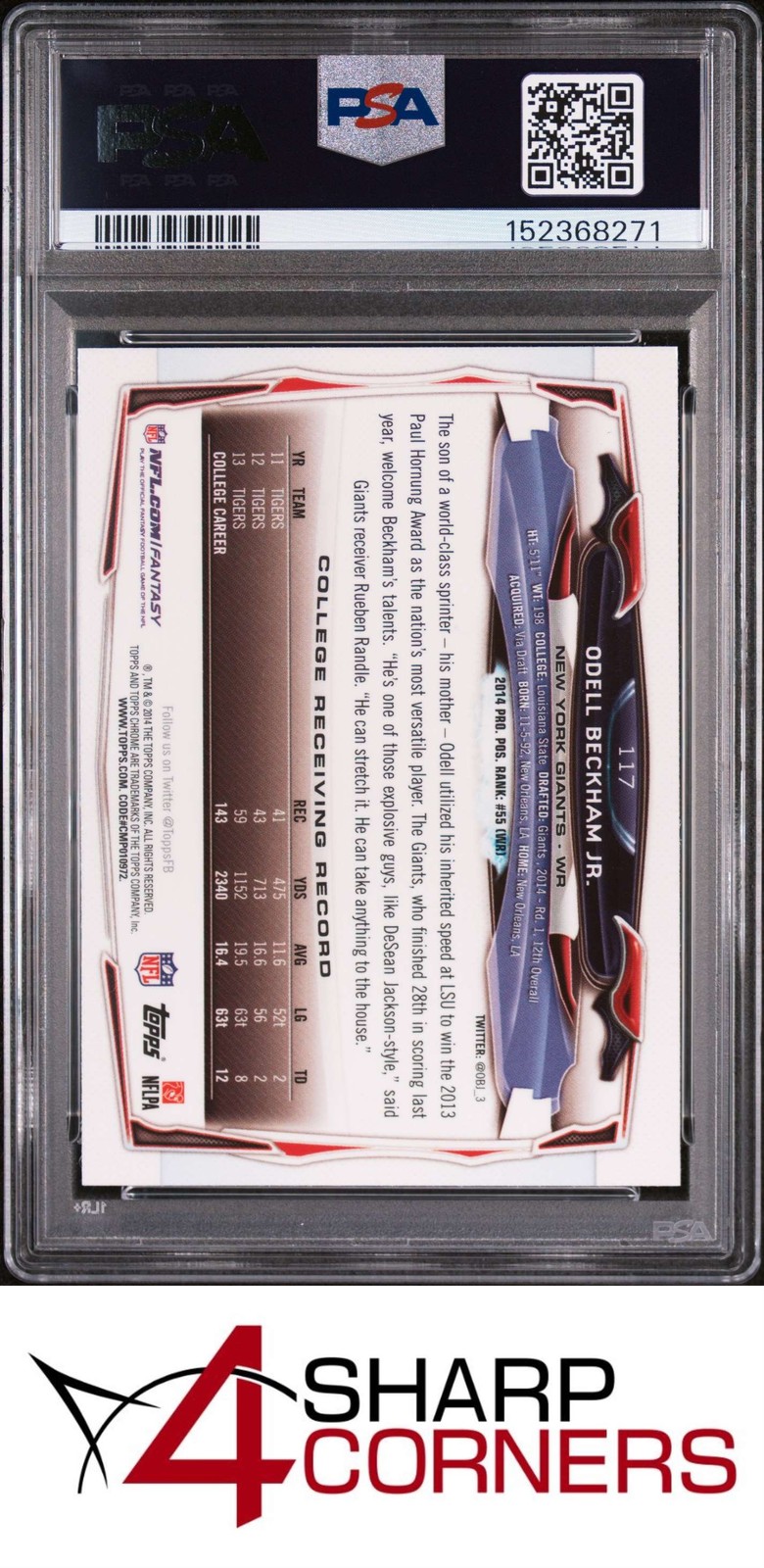 2014 TOPPS CHROME #117 ODELL BECKHAM JR. RC FACING FORWARD PSA 10 view 2