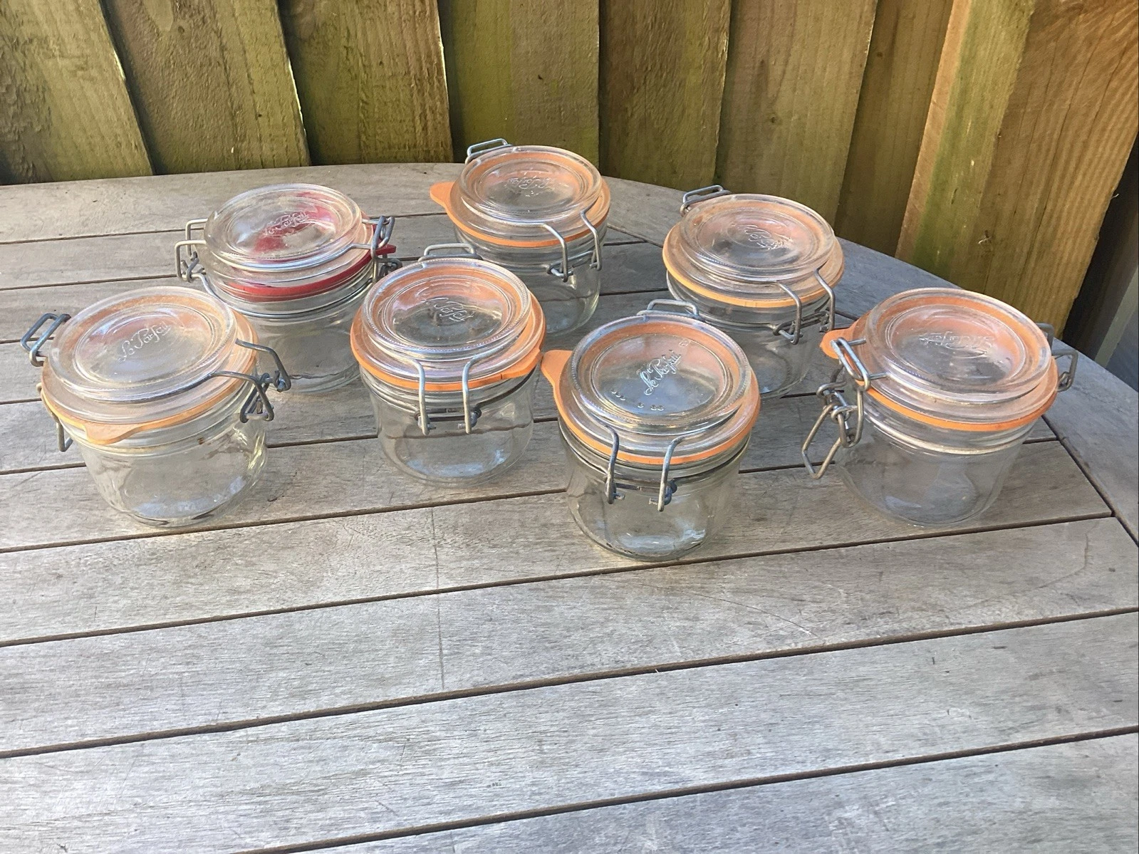 7 Le Parfait Small 200 Glass Storage Jars Wire Clip On Glass Lids Great Used Con