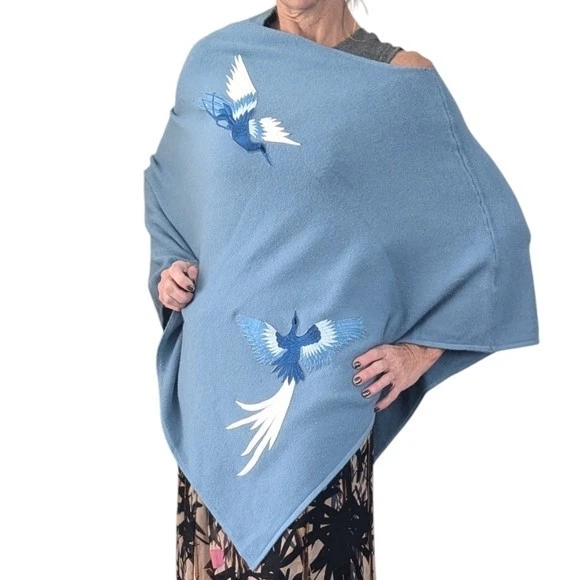 La Fiorentina Blue Embroidered Bird Poncho Shawl Wrap Cape Boho