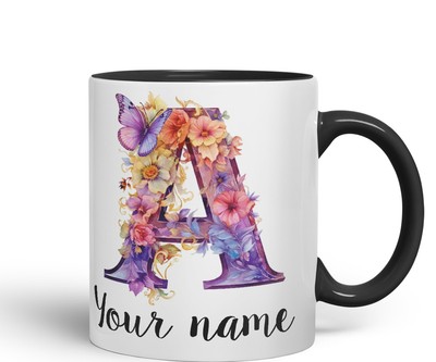 Personalisierte Buchstabe A Tasse individuell Blumen Schmetterling Alphabet 330ml