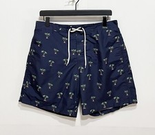 Trunks Brand, Palm Tree Print Swim Trunks - Sz Large - Navy Blue, Built In Liner