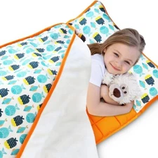 Toddler Nap Mat with Removable Pillow and Fleece Minky Blanket for Preschool