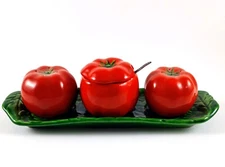 Occup. Japan Maruhon Ware Condiment Set Tomatoes 7.5" Wide w/Silver Plated Spoon