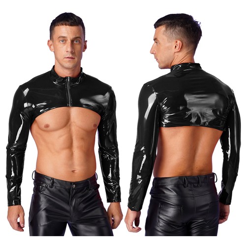 UK Mens Wet Look Leather Crop Top Long Sleeve Front Zipper Shrug Stage Costume - Picture 19 of 38