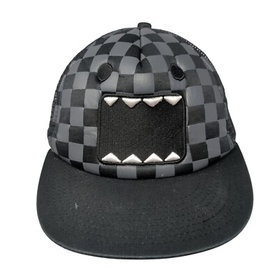 Domo Domo-Kun Snapback Mesh Back Hat Black Gray Checkered Mouth Foam