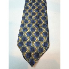 Van Heusen Vintage Mens Silk Blend Necktie Blue Gold Geometric Floral Pattern