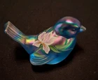 Vintage Fenton blue iridescent glass hand-painted bird figurine