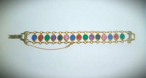 Vintage SCARAB BRACELET Costume Jewelry Gold Plated Plastic Multicolor Stones
