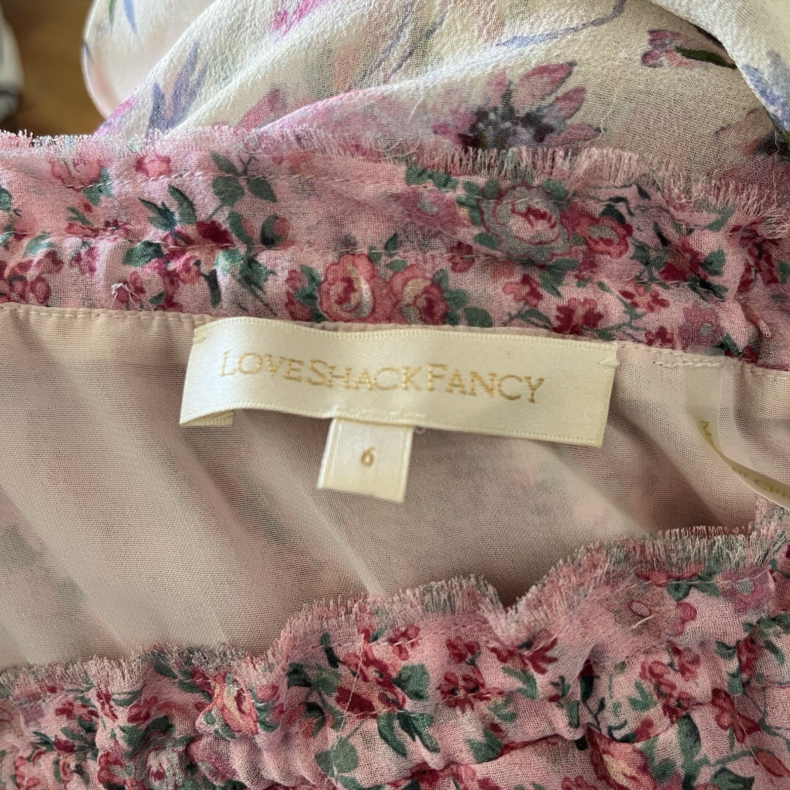LoveShackFancy Evelyn Pink Multi Floral Maxi Silk Off the Shoulder Dress EUC 6 image 5