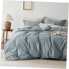 100 Washed Cotton Duvet Queen 90" x 90" 17 - Dusty Blue No Comforter 