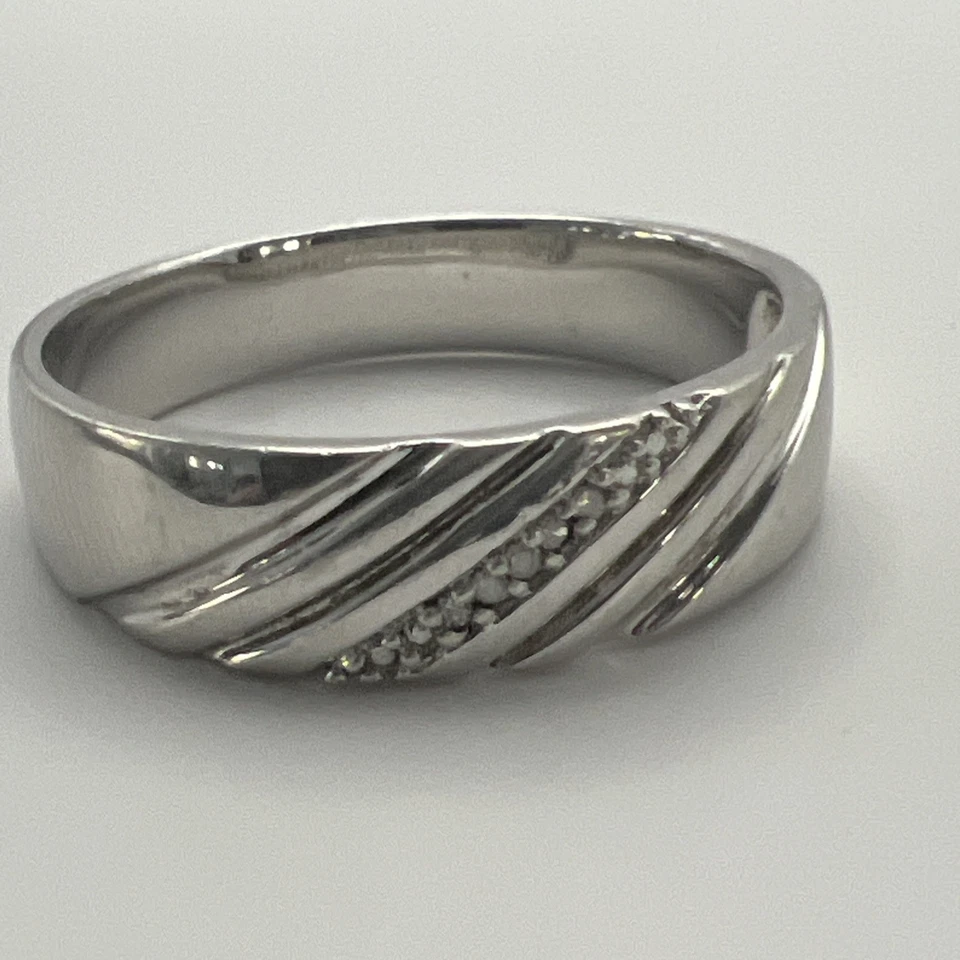 Vintage Sterling Silver Unisex Diamond Wedding Band Rhodium Plated Size 12.5 - Image 2 of 4