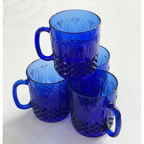 Set of 4 Arcoroc Blue Cobalt Royal Glass Mugs Made in France Vintage Coffee Cups